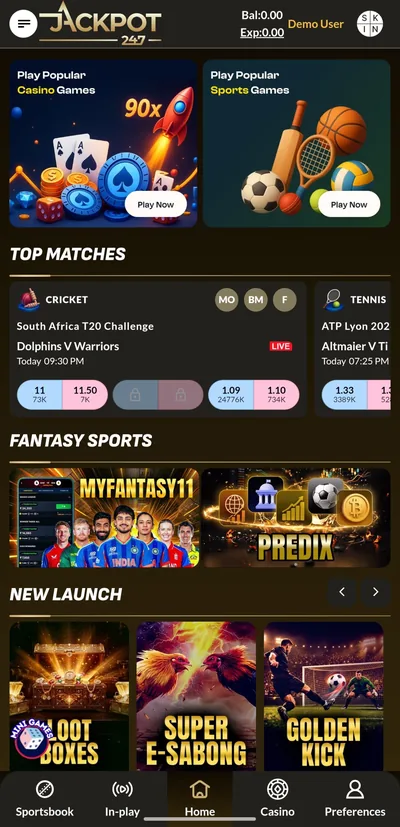 Jackpot247 app — home screen